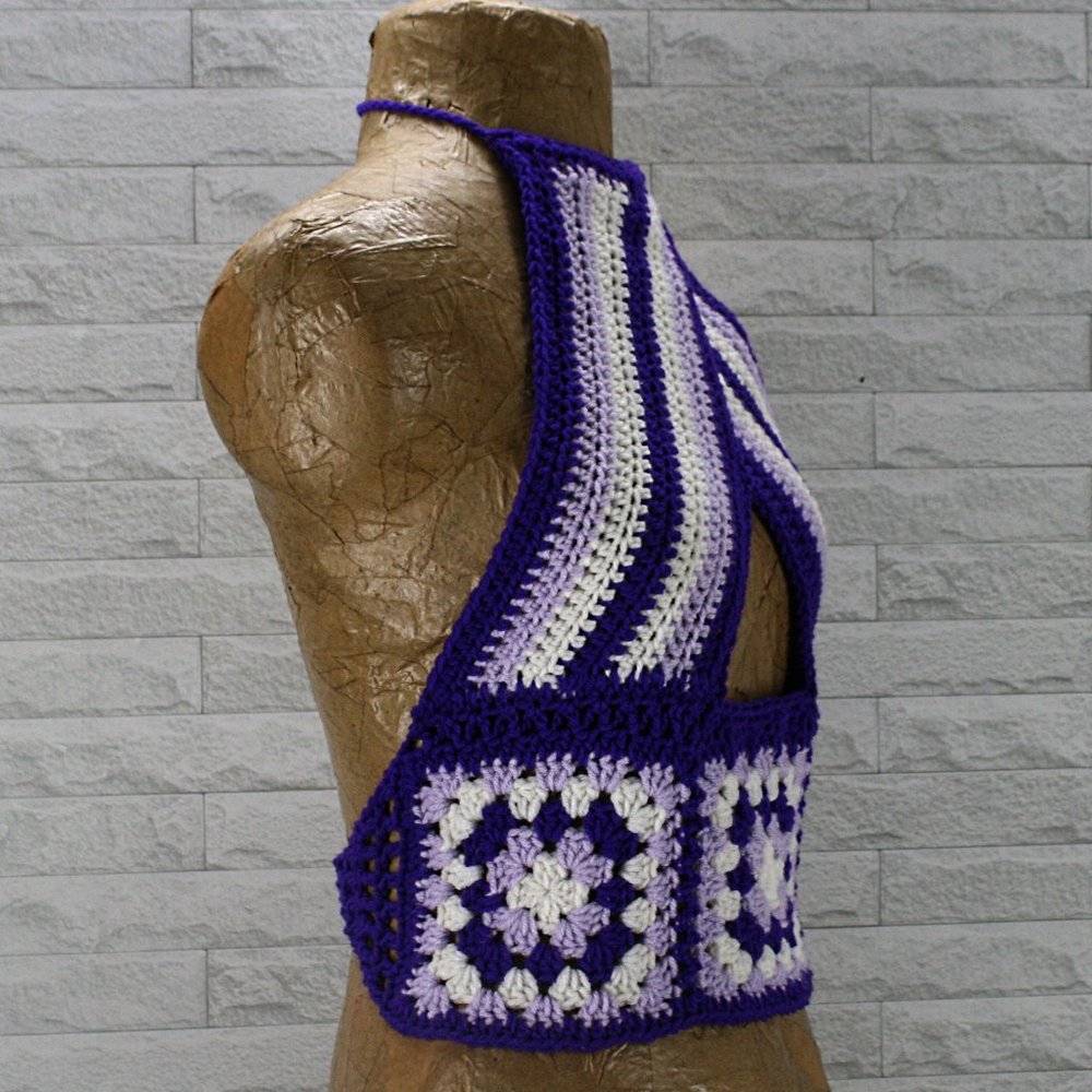 HAND CRAFTED Crop Top Halter Crochet Criss Cross Cut Out Granny Square Stripe - Picture 2 of 12